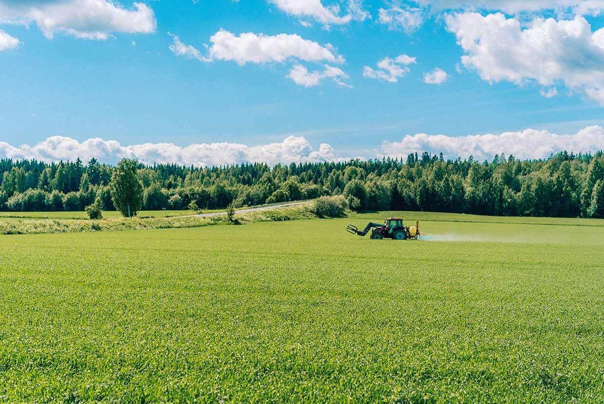 Traktori ajaa vihreän pellon läpi kesäisessä maalaismaisemassa. Porokylän Leipomon sosiaalinen media ja sisällöntuotanto rakentuu Huhu Digitalin suunnittelemana ja toteuttamana.